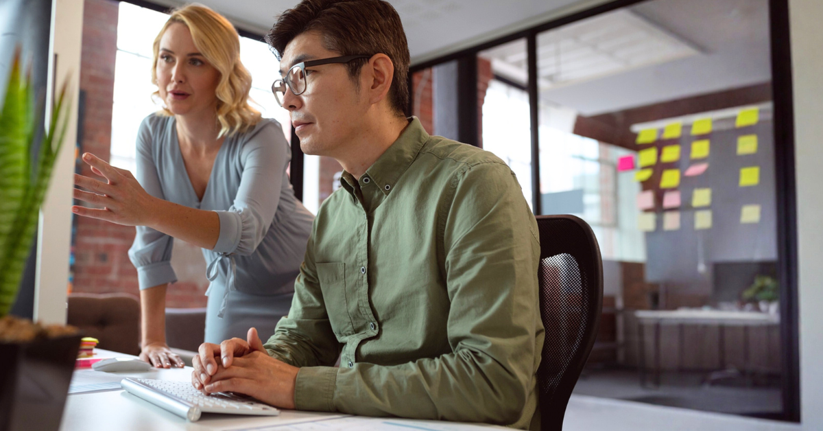 A female pharmacist and a programmer in front of a computer screen.