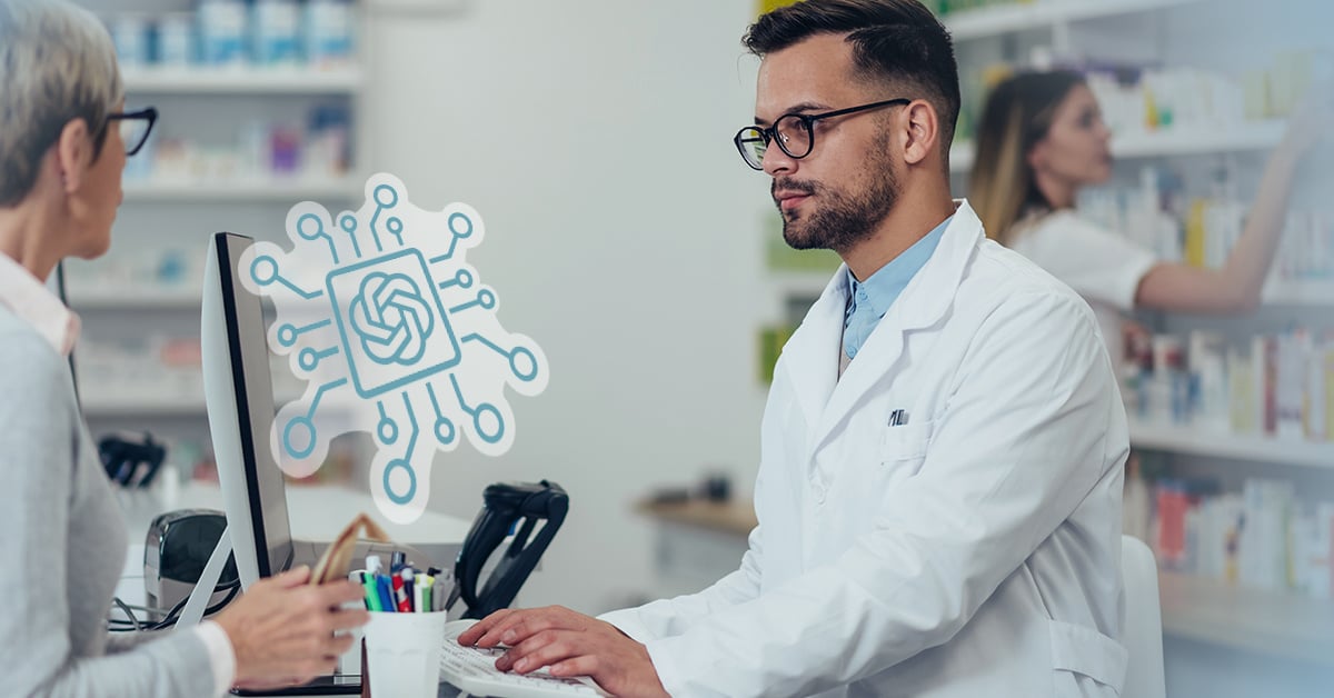 A pharmacist who applies artificial intelligence in serving a female patient.